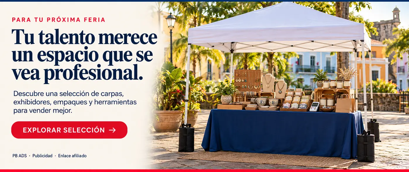 Puesto profesional para artesanos con carpa blanca, exhibidores, mesa y materiales para ferias.