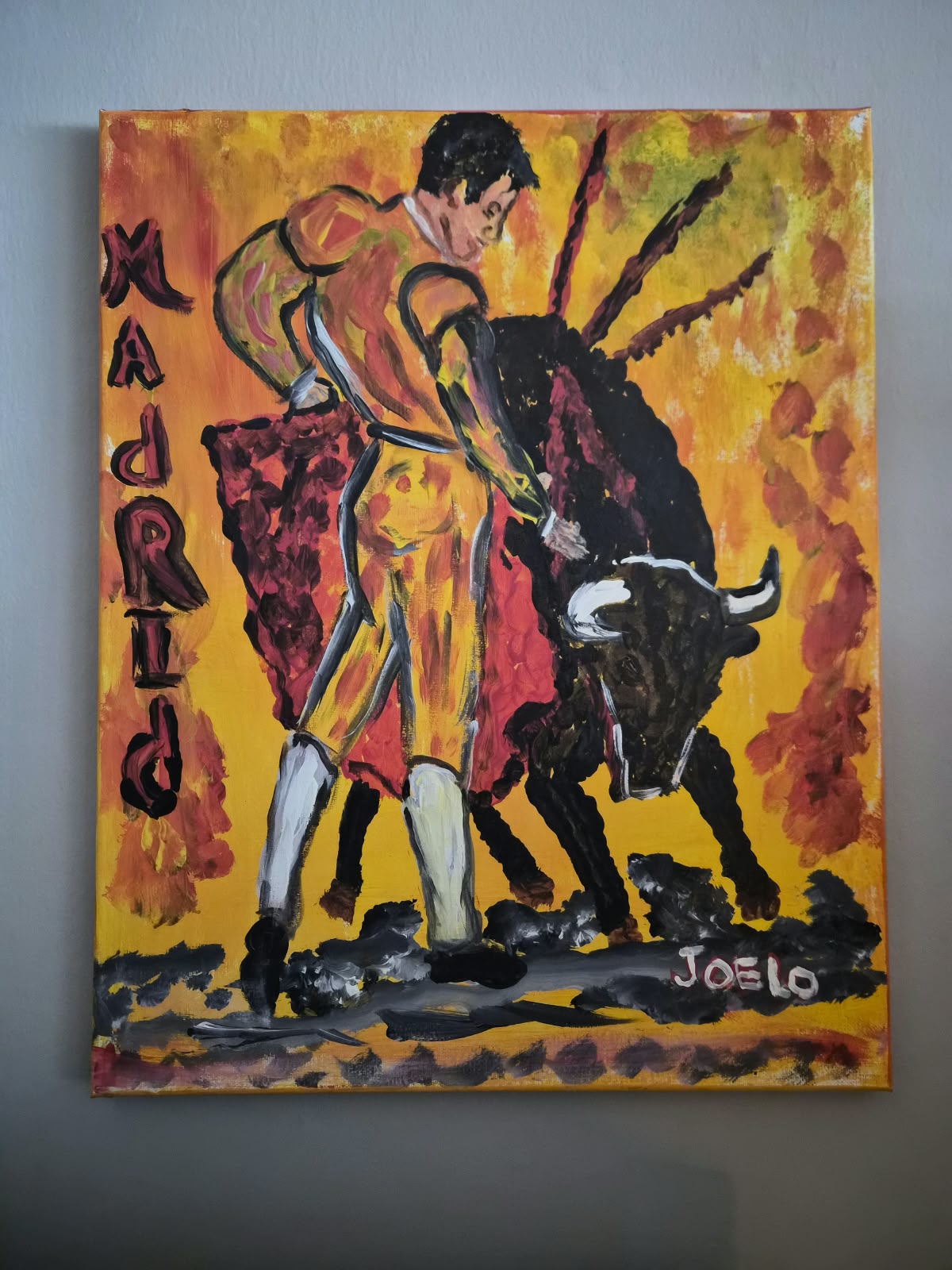 Pintura de Joelo que representa a un torero frente a un toro, obra que el artista identifica con su lucha personal ante los desafíos de la vida.