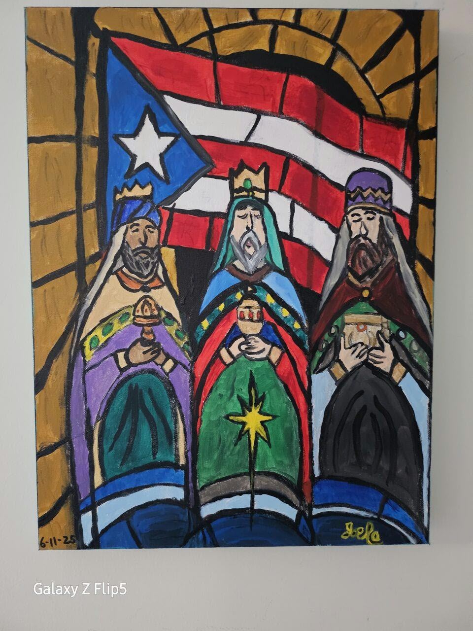Pintura de Joelo que representa a los Tres Reyes Magos frente a una bandera de Puerto Rico.