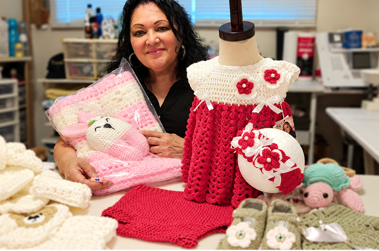 Lourdes Irizarry Semidey junto a varias de sus creaciones artesanales en crochet para bebés.